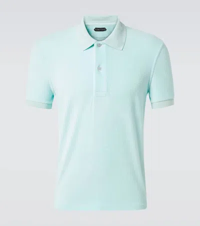 Tom Ford Polo Shirt Cotton Ribbed Collar Side Slits In Blue