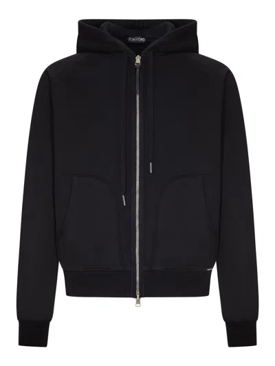Tom Ford Cotton Jersey Sweatshirt With Zip And Hood In Blue