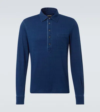 Tom Ford Mother-of-pearl Button Long-sleeve Polo Shirt In Blue
