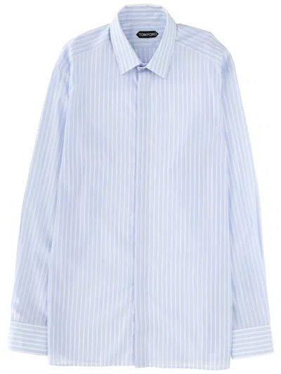 Tom Ford Cotton Shirt Long Sleeves Button Collar Stripes In Blue