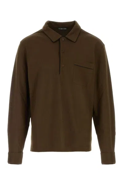 Tom Ford Cotton Silk Piquet Ls Polo In Brown