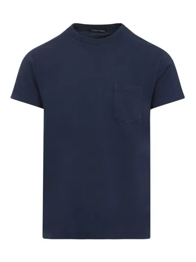 Tom Ford Indigo Blue Cotton T-shirt With Chest Pocket And Crew Neck