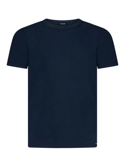 Tom Ford Indigo Blue Cotton T-shirt With Chest Pocket And Crew Neck