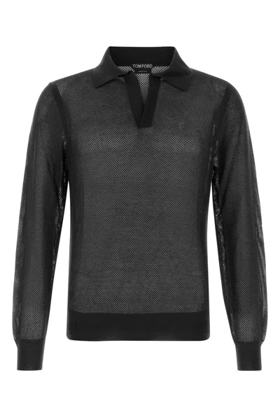 Tom Ford Cotton-silk Mesh Polo In Black