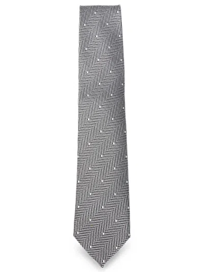 Tom Ford Silk Tie With Polka Dot And Herringbone Pattern In Gray