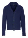 Tom Ford Silk Cardigan With Front Pockets And Shawl Collar In Blue