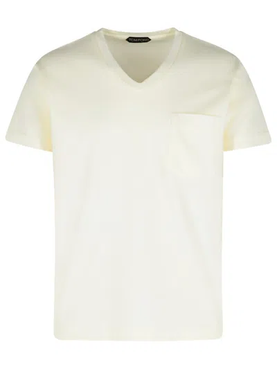 Tom Ford Cotton T-shirt V-neck Short Sleeves In Cream