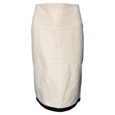 Pre-owned Tom Ford Cream Fleece Wool Skirt And Black Leather Trim, 2000s In White