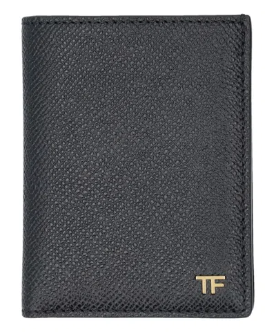 Tom Ford Small Grain Leather Folding Cardholder In Black