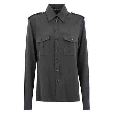 Tom Ford Crepe De Chine Silk Shirt With Epaulettes In Gray