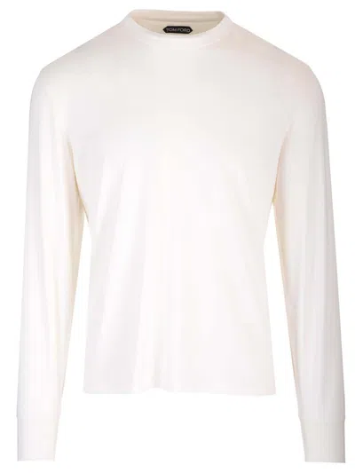 Tom Ford White Long-sleeved Basic T-shirt With Cuffs In Lyocell Blend Man In Multicolor