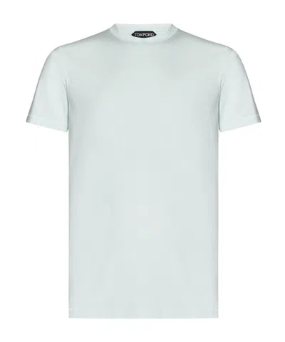 Tom Ford Mens Brand-embroidery Crewneck Woven T-shirt Glass