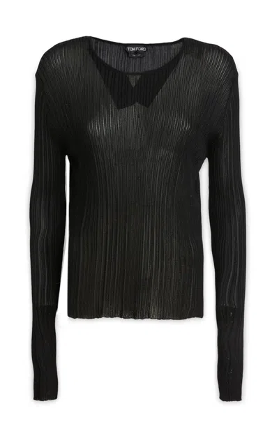 Tom Ford Ribbed Viscose Crew Neck Top In Black