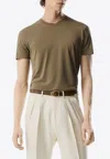 Tom Ford Military Green Crewneck T-shirt With Tf Embroidery In Lyocell And Cotton Blend Man In Khaki