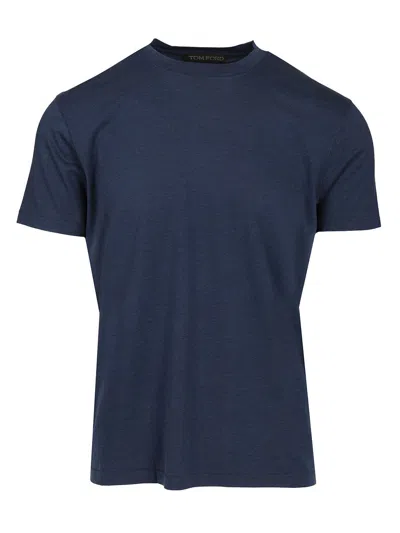 Tom Ford Navy Lyocell Cotton Crewneck T-shirt In Blue