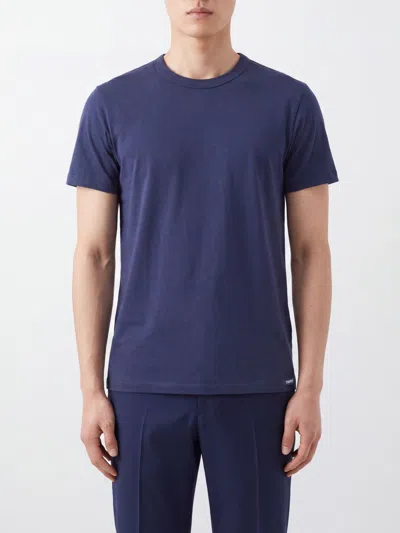 Tom Ford Crewneck T-shirt In Stretch Cotton With Short Sleeves And Straight Hem In Blue