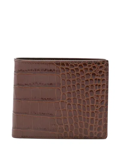 Tom Ford Croc-embossed Bi-fold Wallet In Brown