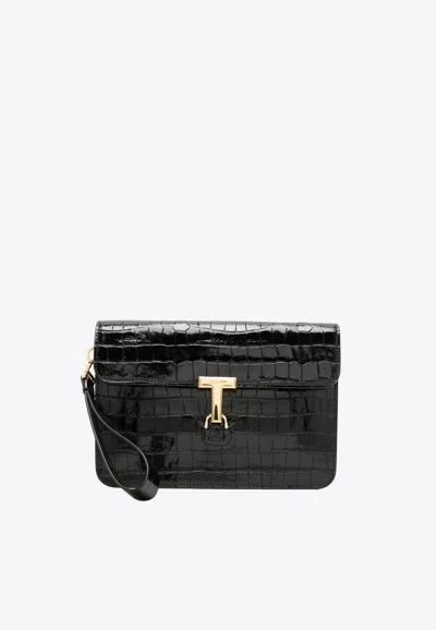 Tom Ford Croc-embossed Calfskin Pouch In Black