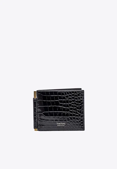 Tom Ford Croc-embossed Leather Bi-fold Bill Clip Wallet In Black