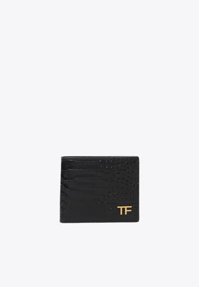 Tom Ford Croc-embossed Leather Bi-fold Cardholder In Black