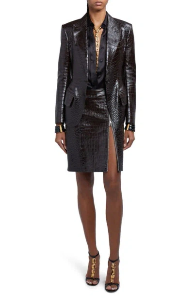 Tom Ford Croc Embossed Leather Blazer In Chocolate Ombre