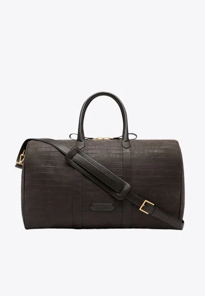 Tom Ford Croc-embossed Leather Duffel Bag In Brown