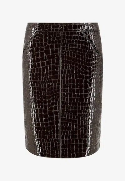 Tom Ford Glossy Croc Print Leather Mini Skirt In Brown