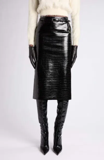Tom Ford Croc Embossed Leather Pencil Skirt In Black