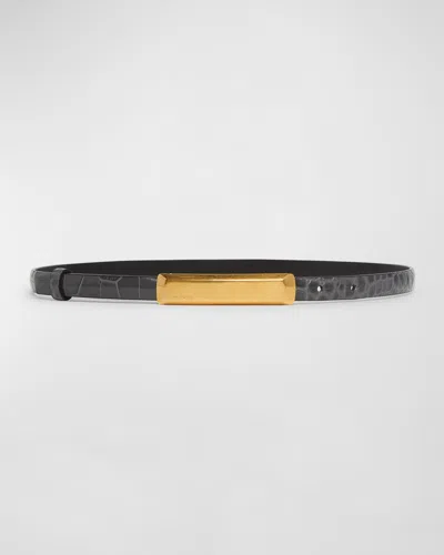 Tom Ford Croc-embossed Leather Skinny Belt In 1g020 Iron