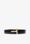 Tom Ford Reversible Brand-plaque Croc-embossed Leather Belt In Black
