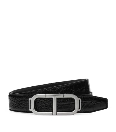 Tom Ford Croc-embossed Leather T Buckle Belt In Black