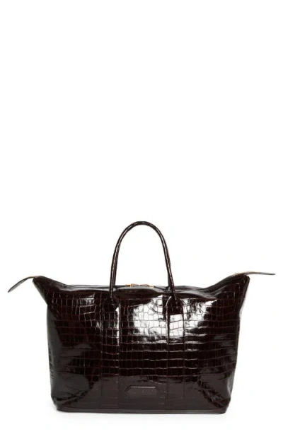 Tom Ford Croc Embossed Leather Travel Bag In Dark Wood