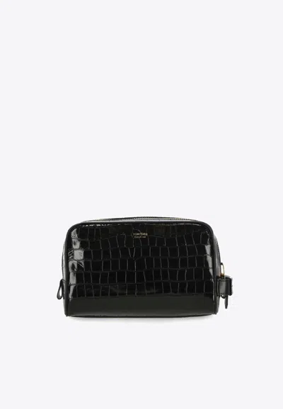 Tom Ford Croc-embossed Leather Wash Bag In Black