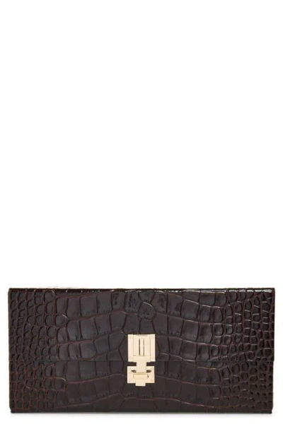 Tom Ford Croc Embossed Patenet Leather East/west Box Clutch In Brown