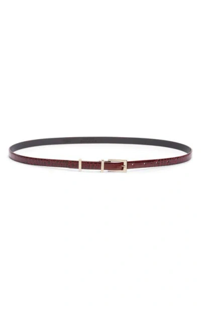 Tom Ford Croc Embossed Patent Leather Skinny Belt In Burgundy