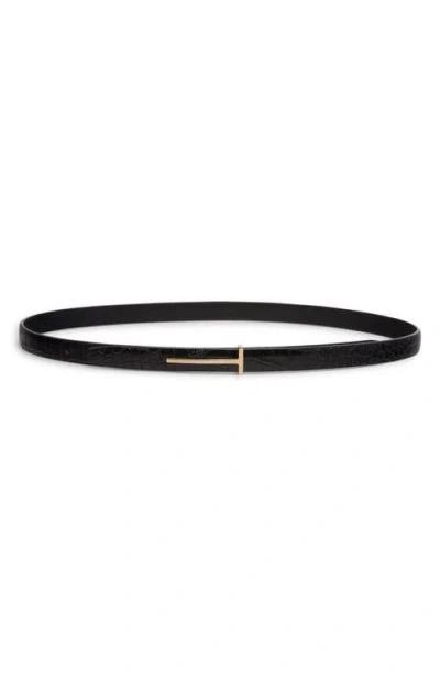 Tom Ford Croc Embossed Patent Leather Skinny Belt In Gold