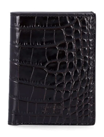 Tom Ford Croc Leather Cardholder In Brown