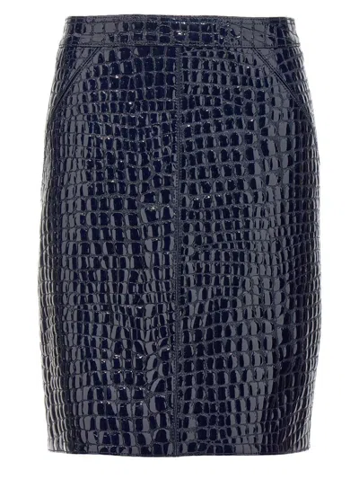 Tom Ford Dark Blue Croc Print Skirt In Navy