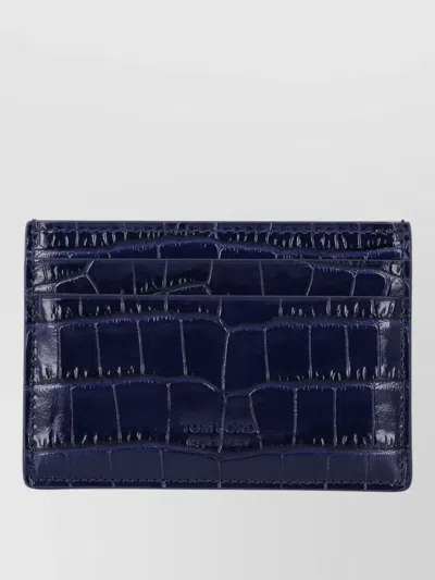 Tom Ford Crocco Print Leather Horizontal Card Holder In Blue