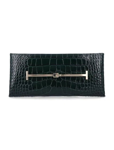 Tom Ford Croc-effect Leather Clutch Bag In Dark Pine Green