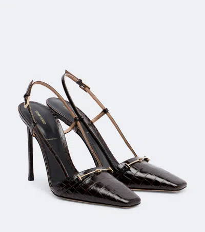 Tom Ford Croc-effect Leather Slingback Pumps In Brown