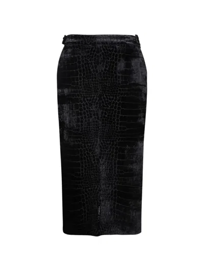Tom Ford Croc-effect Velvet Midi Skirt In Black