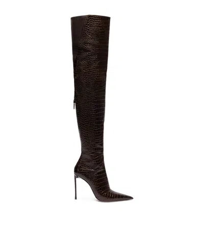 Tom Ford Croc-embossed Leather Over-the-knee Boots 105 In Brown