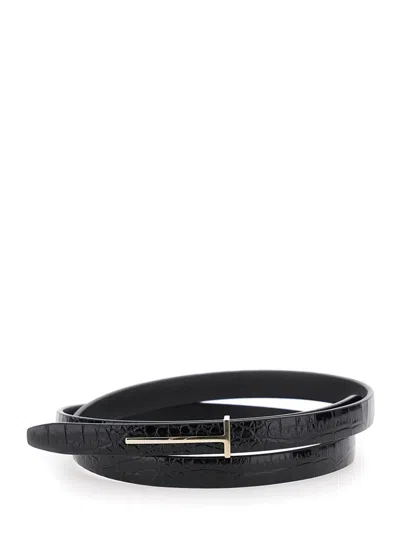 TOM FORD BLACK BELT WITH T BUCKLE CLOSURE AND EMBOSSED CROCODILE EFFECT IN LEATHER WOMAN