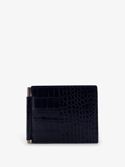 Tom Ford Croco Print Leather Wallet In Blue