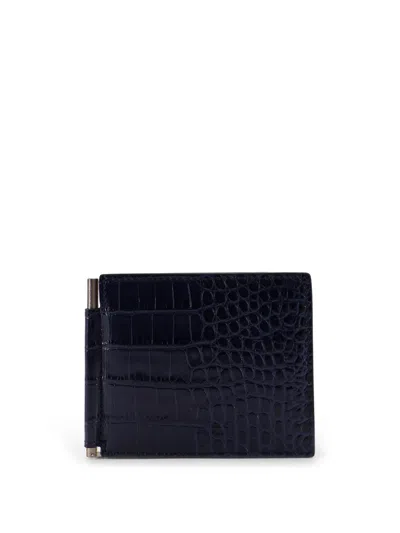 Tom Ford Croco Print Leather Wallet In Blue