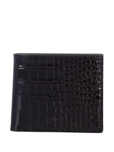 Tom Ford Textured Leather Wallet With Crocodile Pattern In Brown