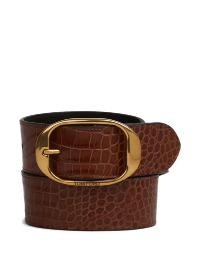 Tom Ford Crocodile-effect Buckle Belt In Brown