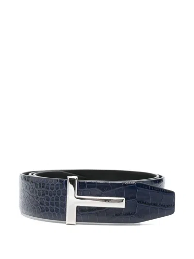 Tom Ford Crocodile-effect Leather Belt In Blue