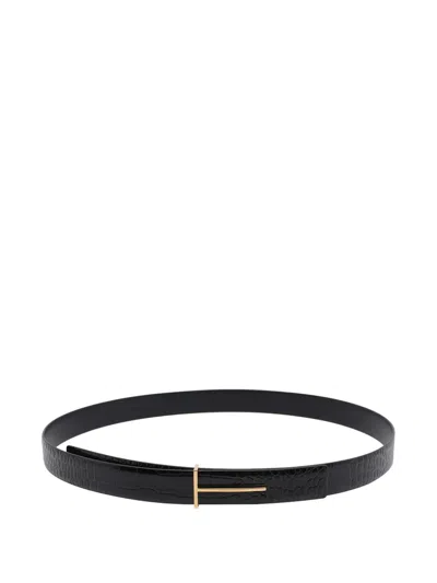 Tom Ford Crocodile-effect Logo Belt In Black